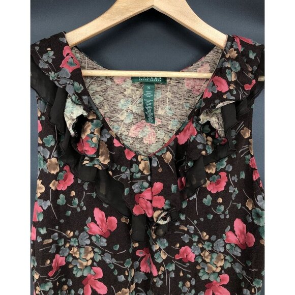 Lauren Ralph Lauren Floral Sleeveless Ruffle Top Womens XL Brown Fairy V-Neck - Picture 3 of 7